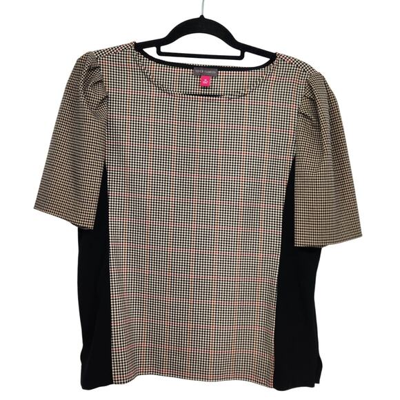 Vince Camuto Brown Black Preppy Checked Puffed Half Sleeve Blouse Women's M - Picture 1 of 8